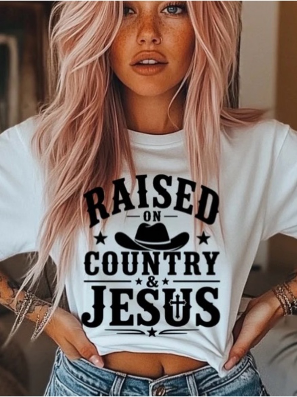 “Raised on Country & Jesus" Graphic Tee - Women's Casual Top